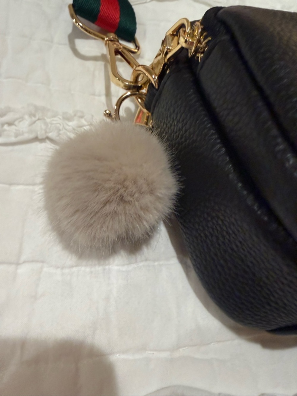 Pompom London Black Pebble Leather Crossbody Bag with Green-Red Strap - Picture 3 of 5